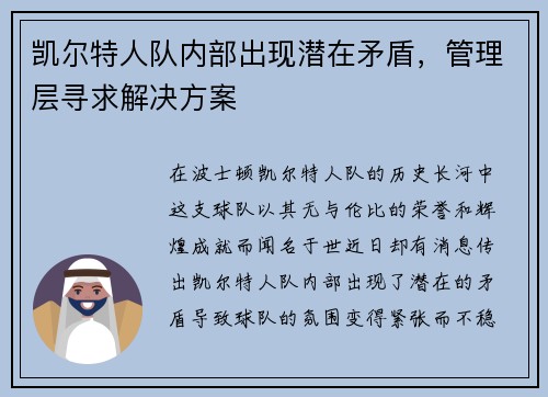 凯尔特人队内部出现潜在矛盾，管理层寻求解决方案